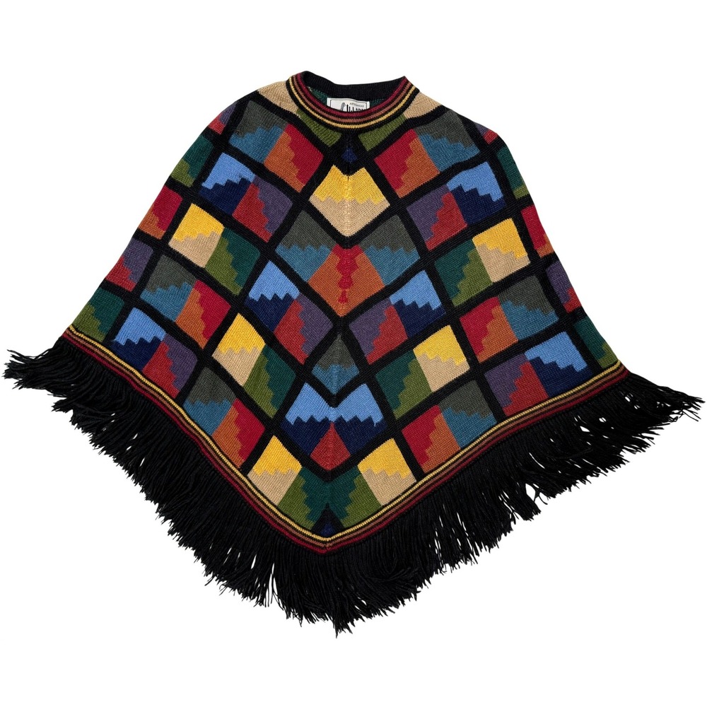 Peruvian Baby Alpaca Poncho HYGGE Fringe Patchwork Geometric Andes Festival‎